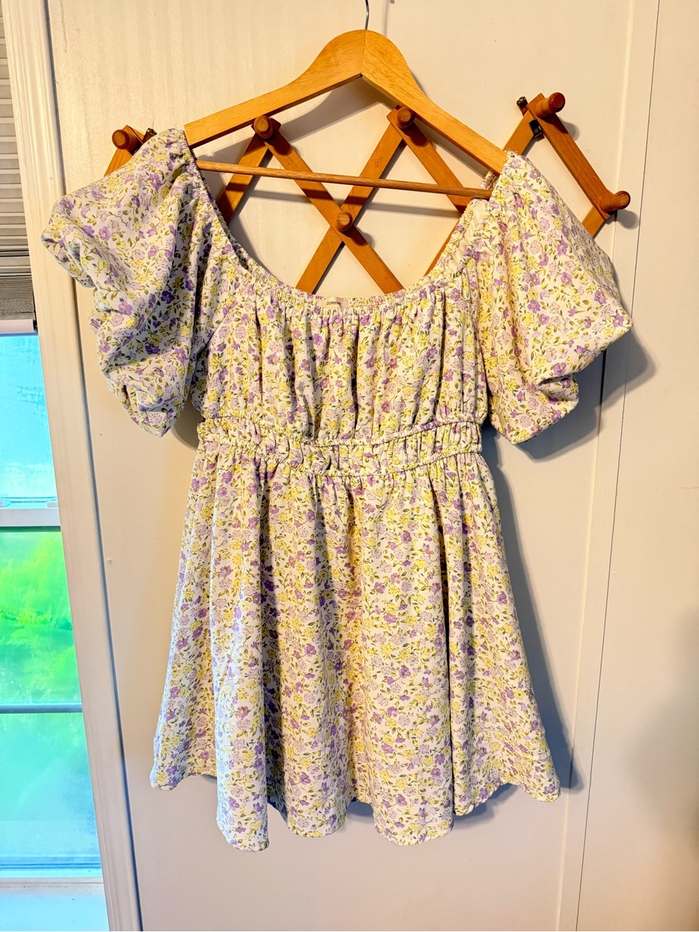 Girls' Lavender Floral Puff-Sleeve Casual Dress with Smocked Waist